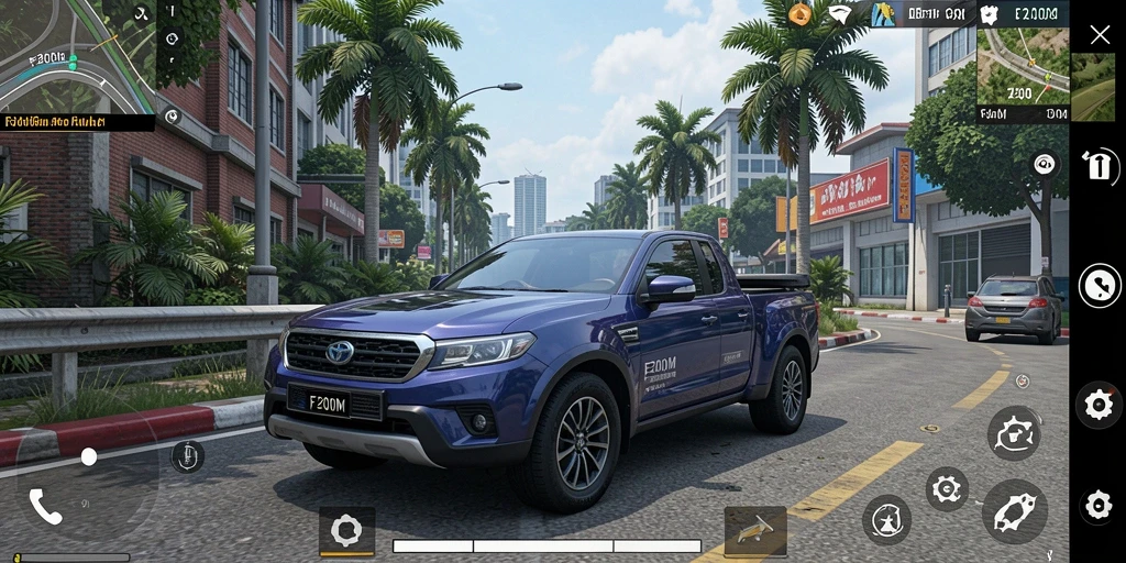 Screenshot gameplay F200M dengan tampilan kendaraan realistis.