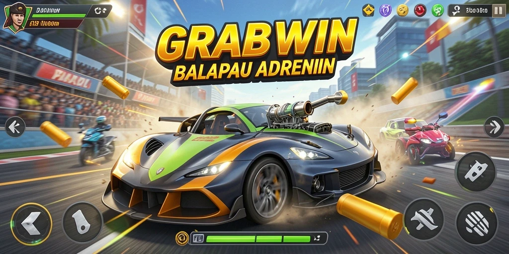 Screenshot gameplay GRABWIN yang menunjukkan adrenalin balap di trek.