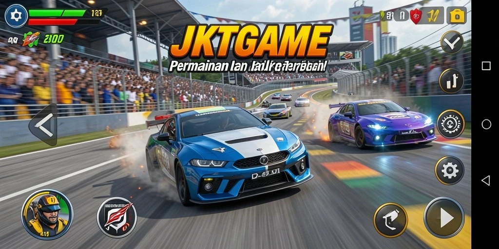 Screenshot gameplay JKTGAME menampilkan aksi balap yang mendebarkan.