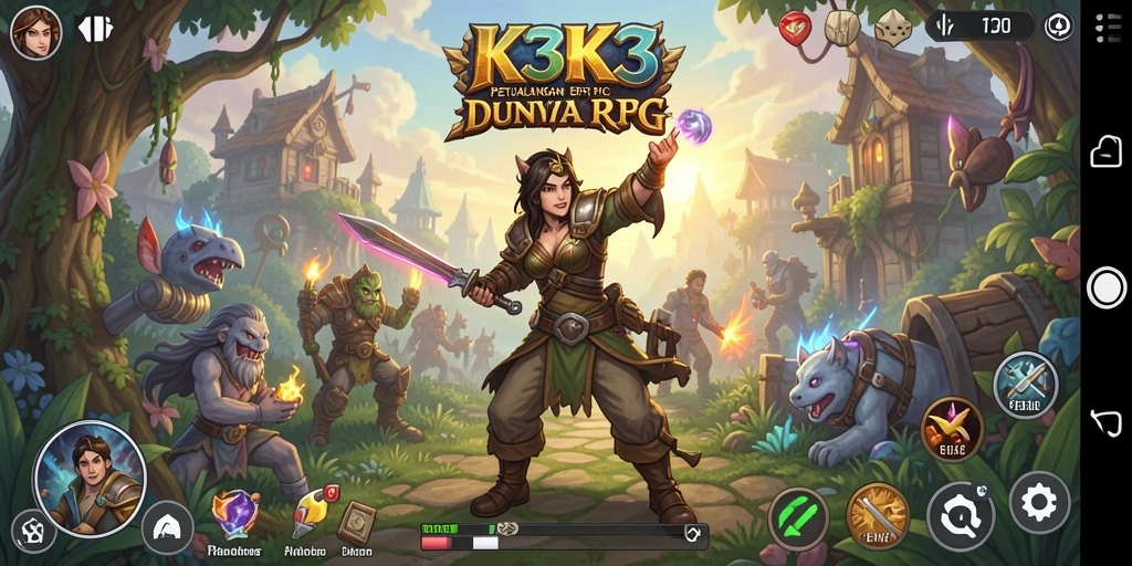 Screenshot K3K3 menampilkan pertarungan epik di dunia RPG.