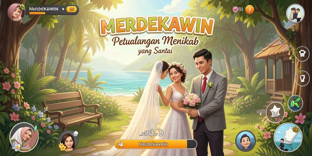 Tampilan utama gameplay <strong>MERDEKAWIN</strong> dengan berbagai aktivitas pernikahan menarik.