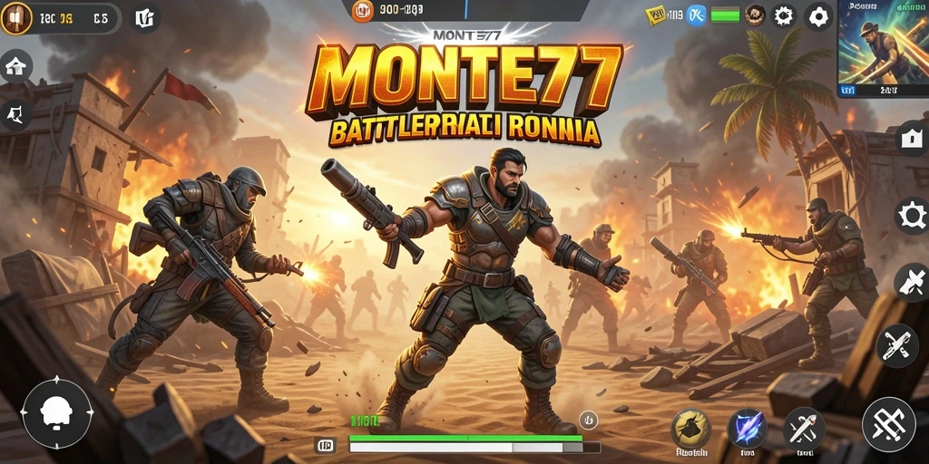 Tangkapan layar utama MONTE77 menampilkan pertempuran intens Battle Royale.
