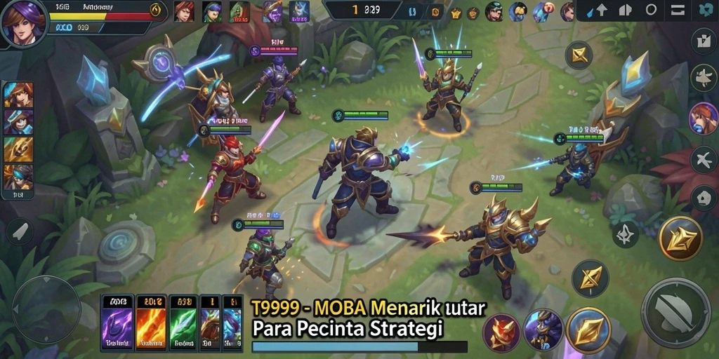 Tangkapan layar gameplay T9999 penuh aksi MOBA seru dan strategis.